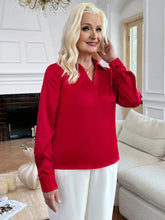 EMERY ROSE Stretchy Satin Silk V-Neck Long Sleeve Straight Women Blouse